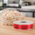 crab salad sticker on a red label with black print