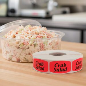 crab salad sticker on a red label with black print