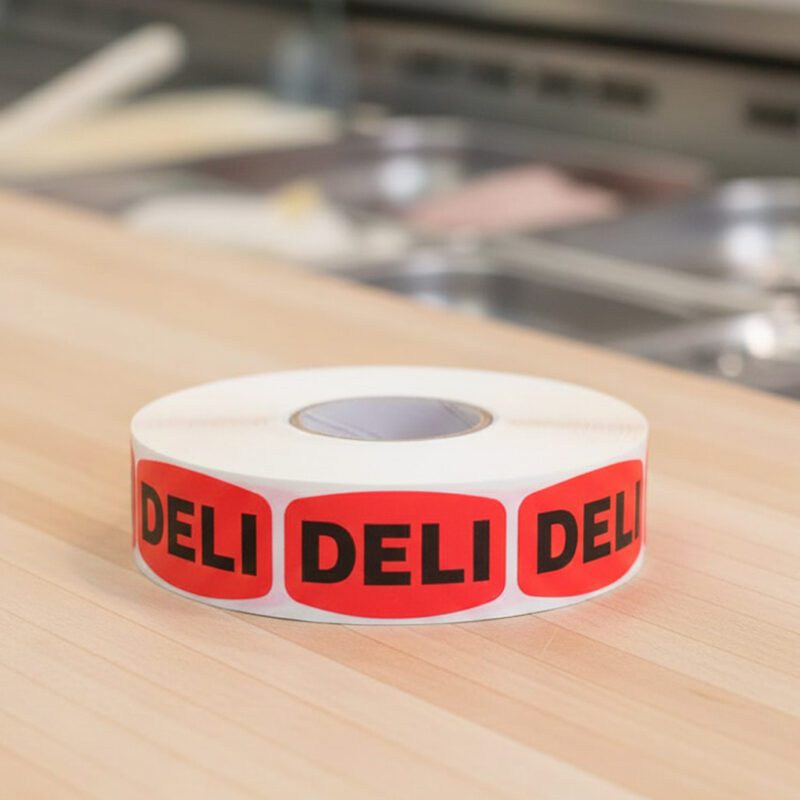 520024-Deli-Label-Stickers-Red-with-Black-Print-Stickers deli sticker on a red label with black print