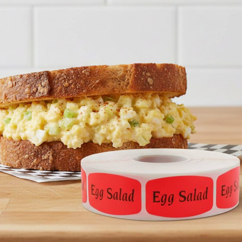 520027-Egg-Salad-Deli-Label-Stickers egg salad sticker on a red label with black print