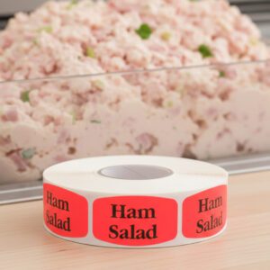 ham salad sticker on a red label with black print