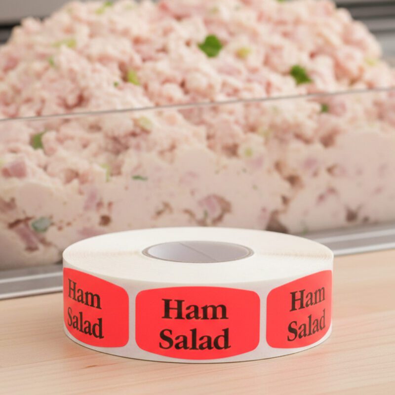 520032-Ham-Salad-Deli-Label ham salad sticker on a red label with black print