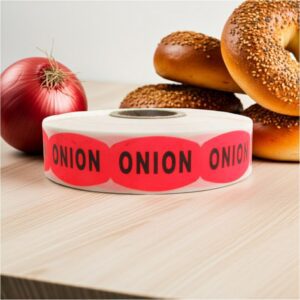 onion label on a bright red sticker