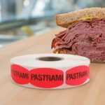 pastrami sticker on a red label with black text
