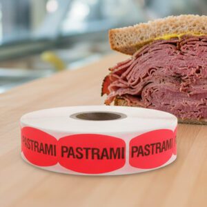 pastrami sticker on a red label with black text