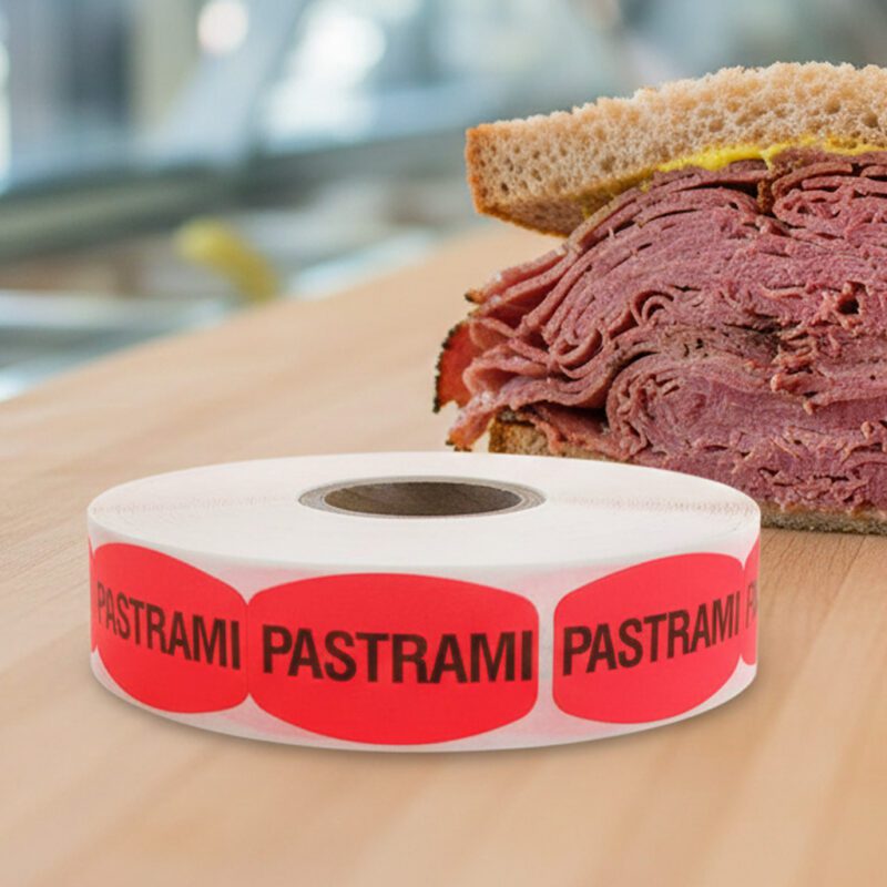 520045-Pastrami-Deli-Label pastrami sticker on a red label with black text