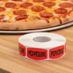 pepperoni sticker on a red label with black text