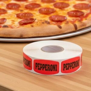 pepperoni sticker on a red label with black text