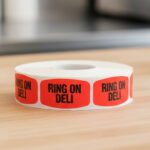 ring on deli sticker on a red label with black text