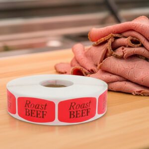 roast beef sticker on a red label with black text