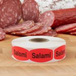 salami sticker on a red label with black text