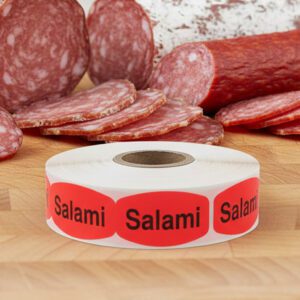 salami sticker on a red label with black text