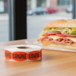 Submarine sticker for sub sandwiches red label with black print