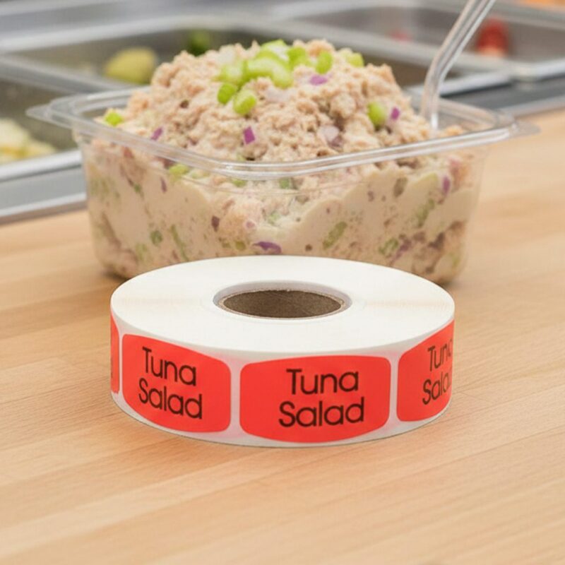 520068-Tuna-Salad-Deli-Label-Stickers2 Tuna Salad sticker red identification label with black print on a roll of stickers