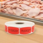 Turkey sticker red identification label with black print on a roll of stickers