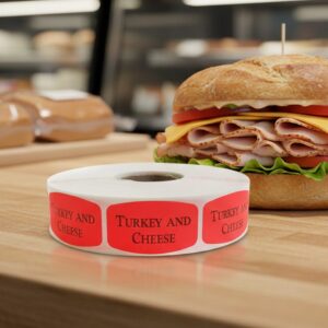 Turkey and cheese sticker red identification label with black print on a roll of stickers
