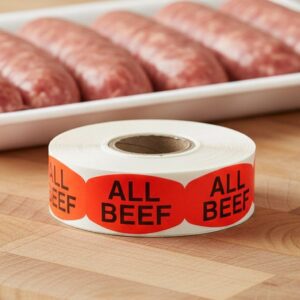 all beef sticker on a red label with black print