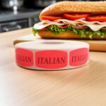 Italian sticker red identification label with black print on a roll of stickers