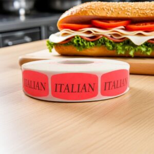 Italian sticker red identification label with black print on a roll of stickers