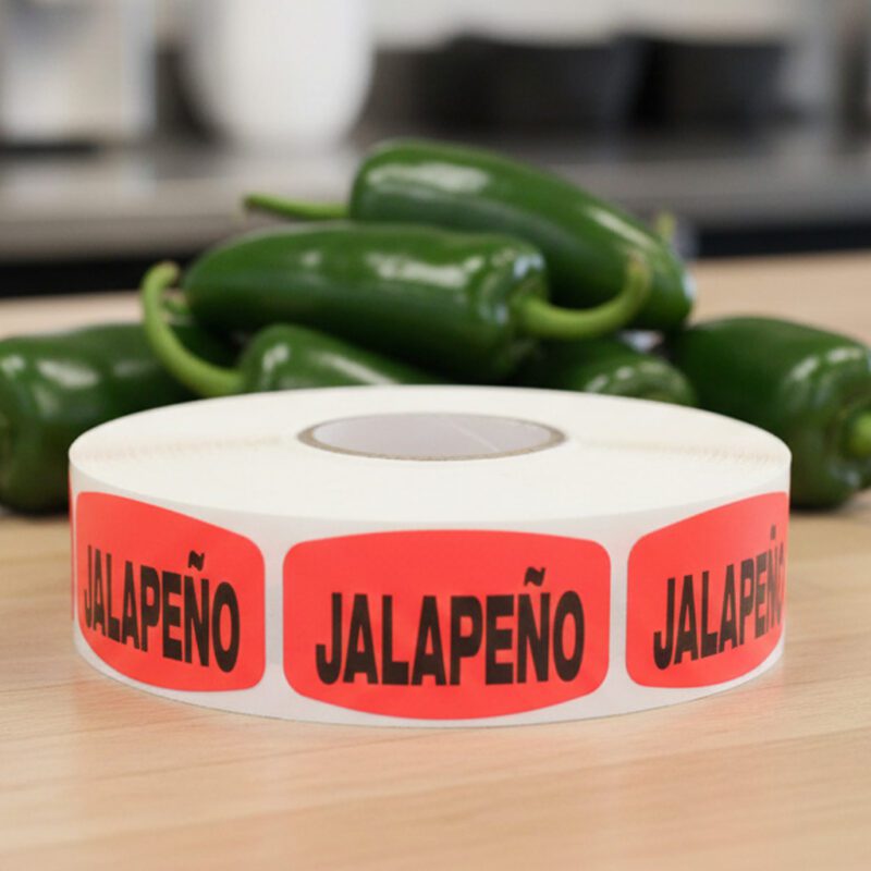 520110-Jalapeño-Label-Stickers-on-Red-Sticker jalapeno sticker on a red label with black print