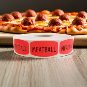 meatball sticker on a red label with black text