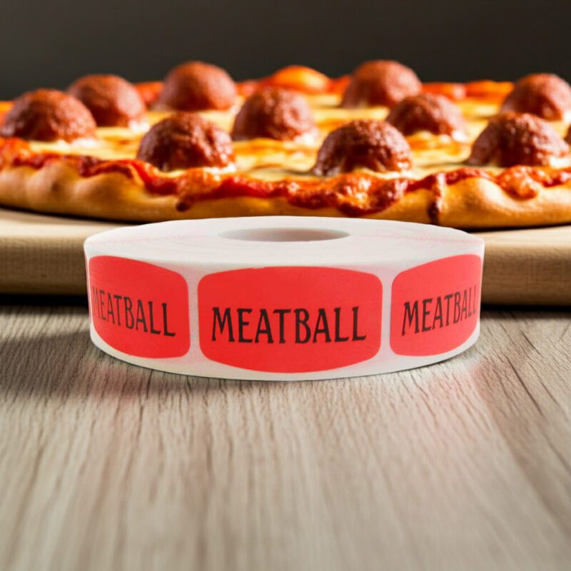 meatball sticker on a red label with black text