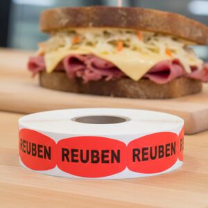 rueben sandwich sticker on a red label with black text