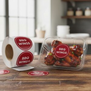 round BBQ wings sticker on roll of labels shown in use on a packaging of barbecue wings