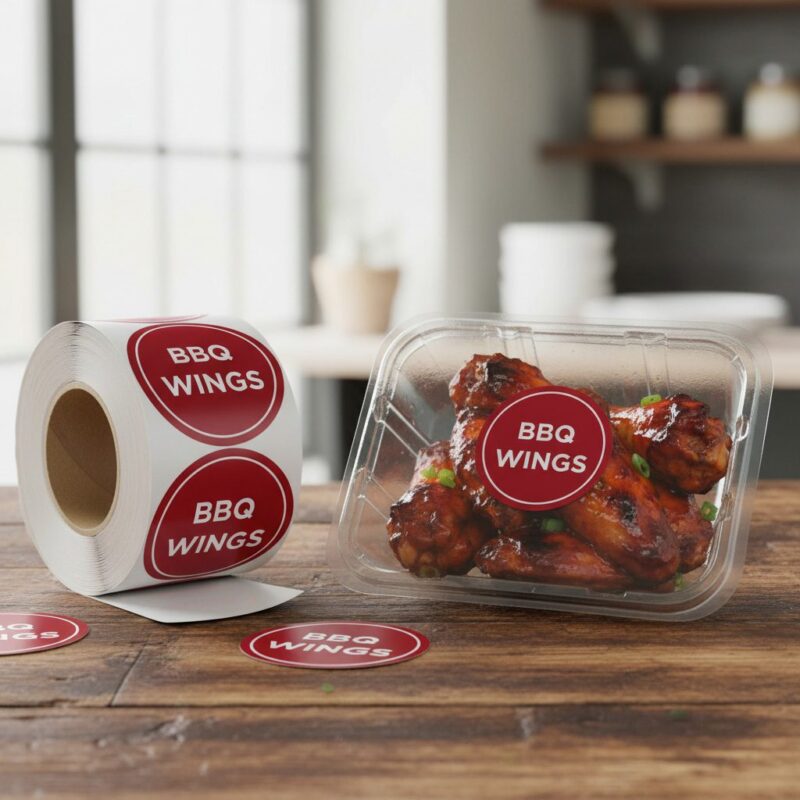 round BBQ wings sticker on roll of labels shown in use on a packaging of barbecue wings