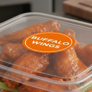 Buffalo wings sticker on an orange oval label