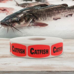 catfish sticker on a red label with black print