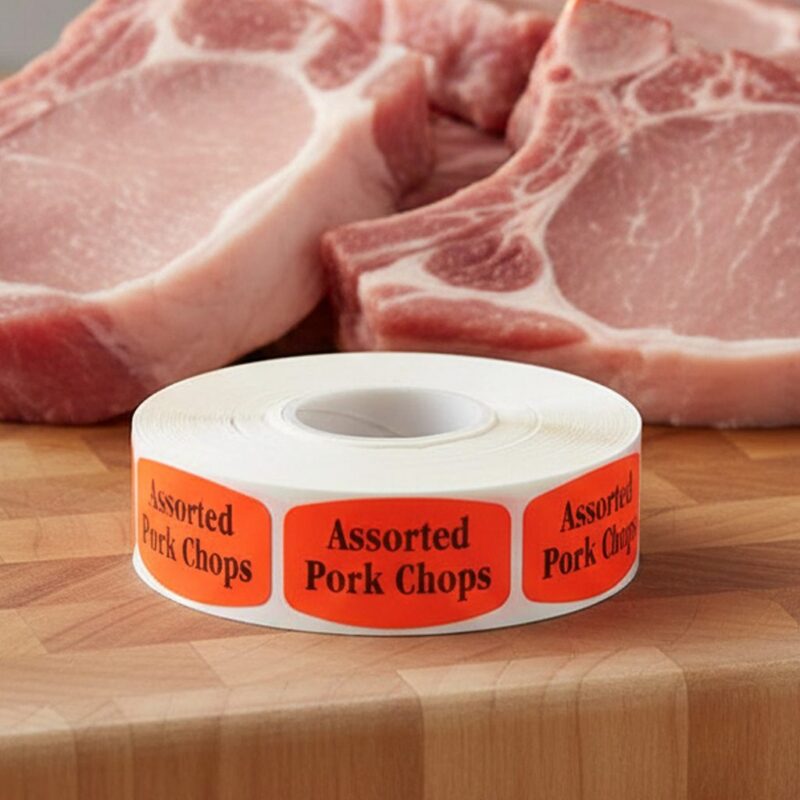 540003-Assorted-Pork-Chops-Label assorted pork chops sticker on a red label with black print