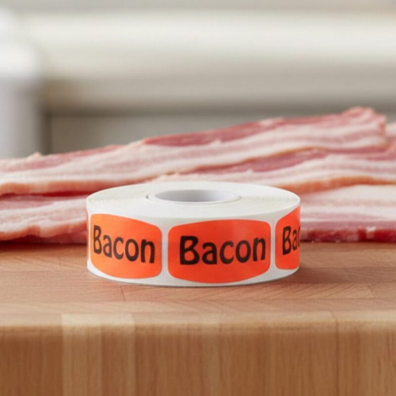 540006-Bacon-Label-Stickers bacon sticker on a red label with black print