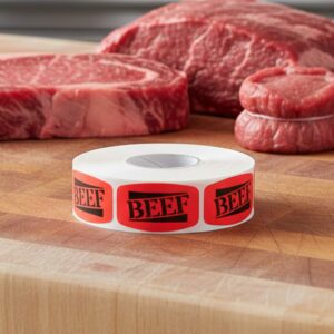 beef sticker on a red label with black print
