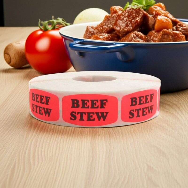540010-Beef-Stew-Label-Butcher-Sticker beef stew sticker on a red label with black print
