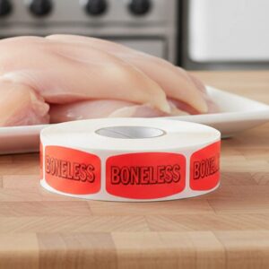boneless sticker on a red label with black print