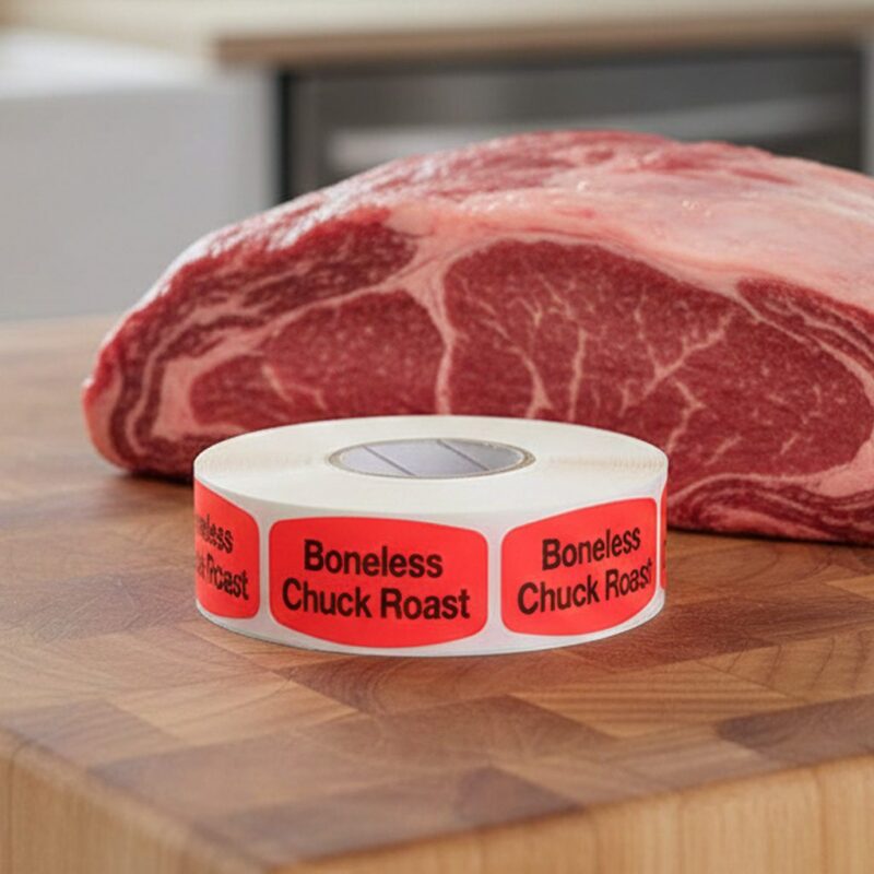 540012-Boneless-Chuck-Roast-Label boneless chuck roast sticker on a red label with black print