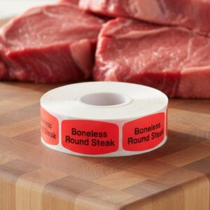 boneless round steak sticker on a red label with black print