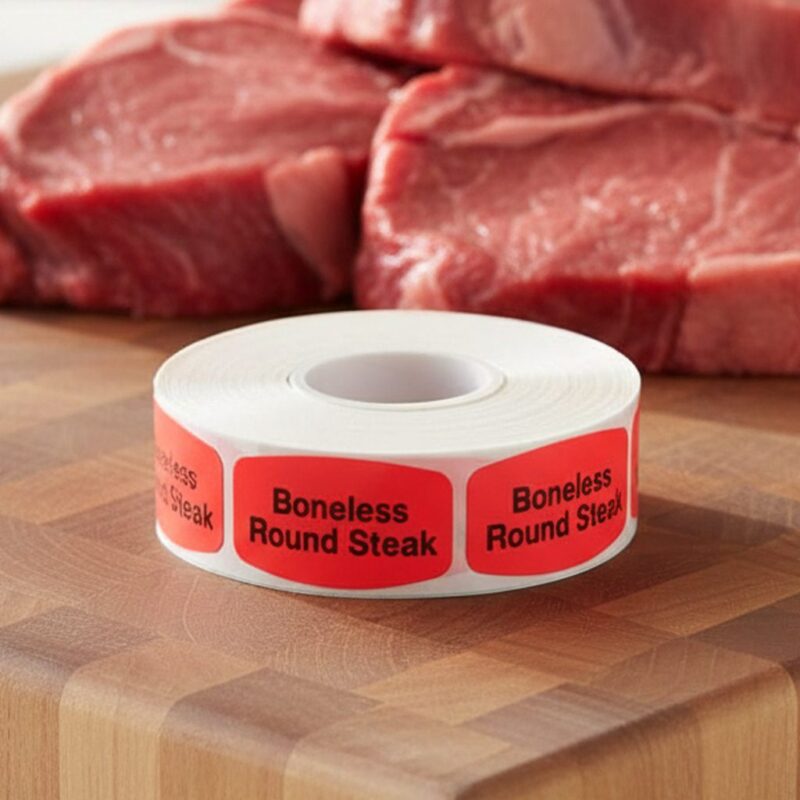 540014-Boneless-Round-Steak-Label boneless round steak sticker on a red label with black print