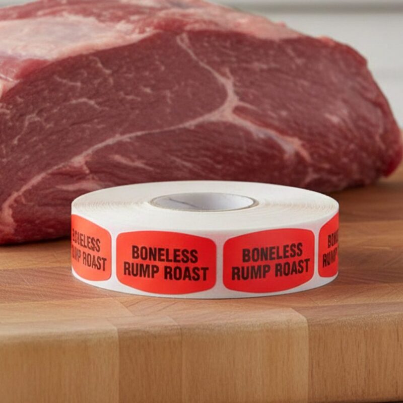540015-Boneless-Rump-Roast-Label boneless rump roast sticker on a red label with black print