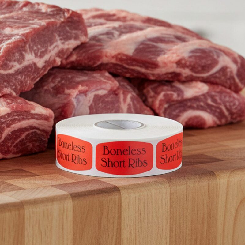 540016-Boneless-Short-Ribs-Label boneless short ribs sticker on a red label with black print