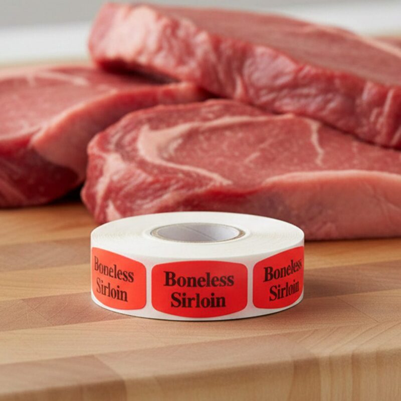 540017-Boneless-Sirloin-Label-Butcher-Sticker boneless sirloin sticker on a red label with black print