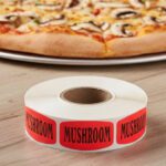 Mushroom sticker on a red label with black print