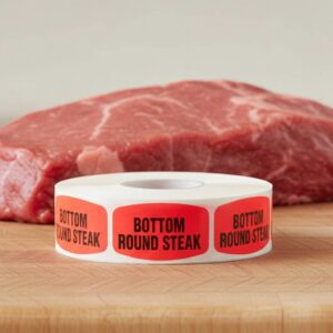 bottom round steak sticker on a red label with black print