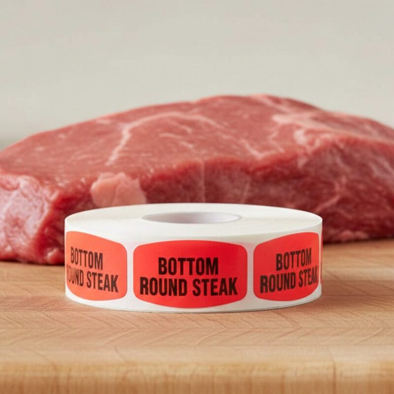 540021-Bottom-Round-Steak-Label bottom round steak sticker on a red label with black print