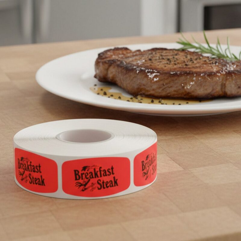 540023-Breakfast-Steak-Label breakfast steak sticker on a red label with black print