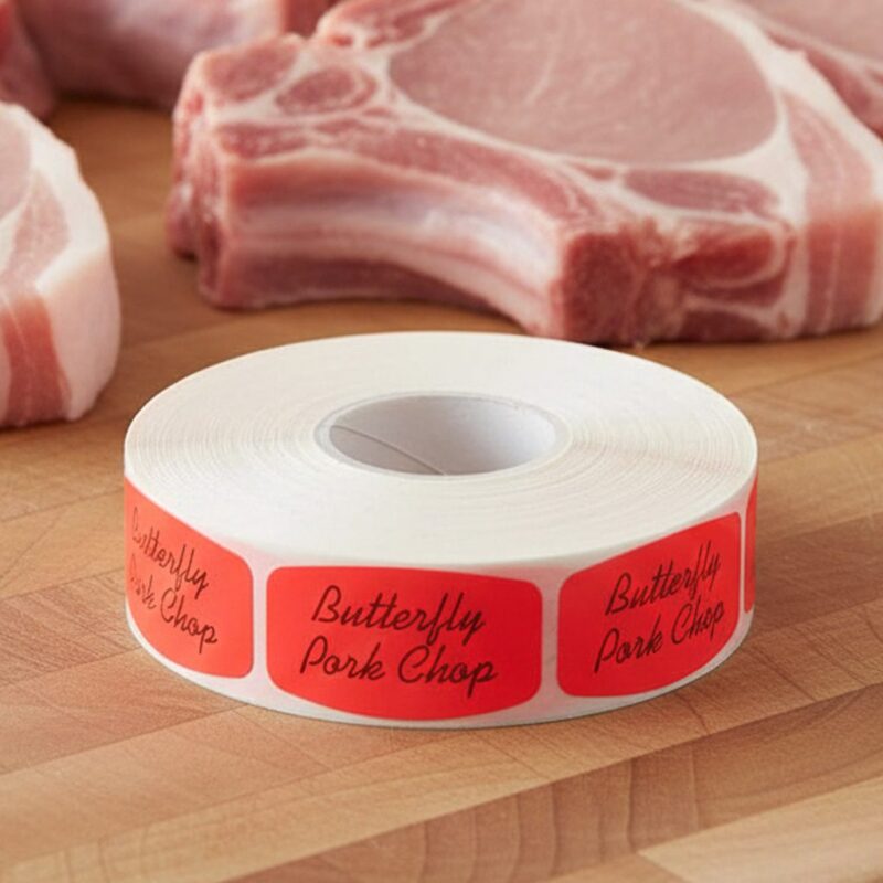 540026-Butterfly-Pork-Chops-Label butterfly pork chops sticker on a red label with black print