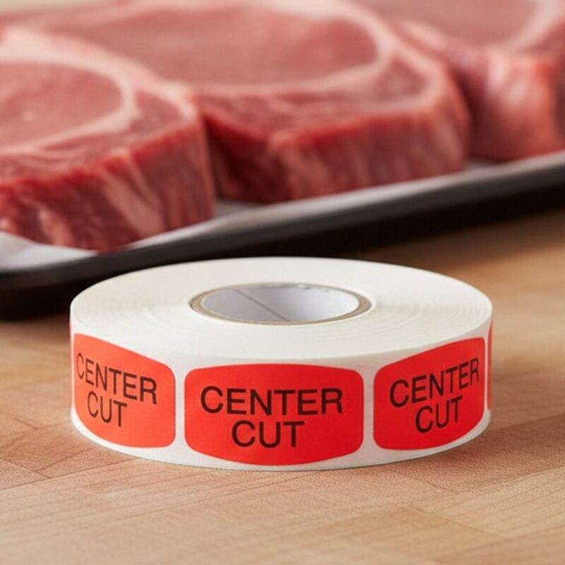 540027-Center-Cut-Label center cut sticker on a red label with black print