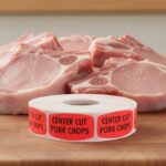 center cut pork chops sticker on a red label with black print
