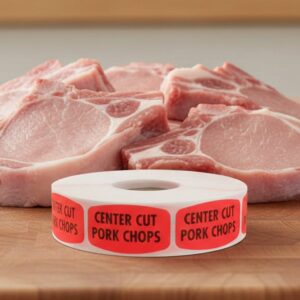 center cut pork chops sticker on a red label with black print